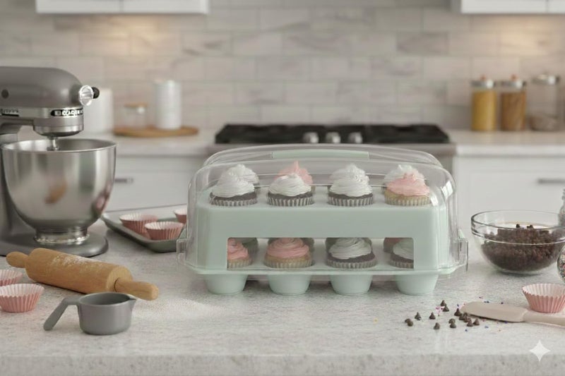 Top Shelf Elements Cupcake Carrier, EXTRA TALL LID, Green Cupcake Holder Carries 24 Standard-Size Cupcakes, Muffin Traveler Two Tier Stand Reusable Cupcake Box - Image 4